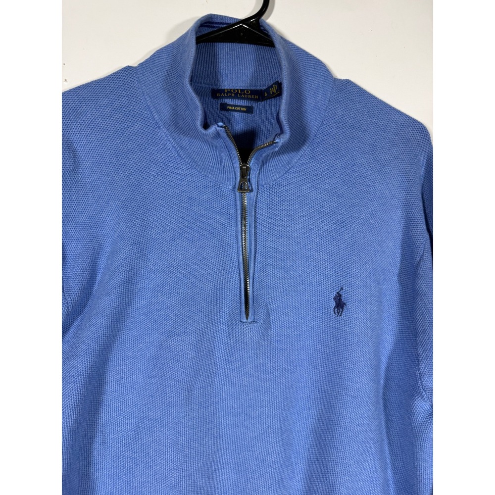 Polo Ralph Lauren Mens Large Blue Pima Cotton Quarter Zip Pullover Sweater